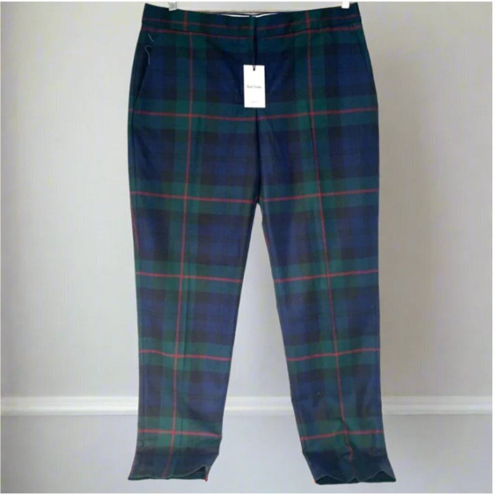 Paul Smith Wool Tartan Pant Womens 10/46 Blue Green Tapered Slim Tailored